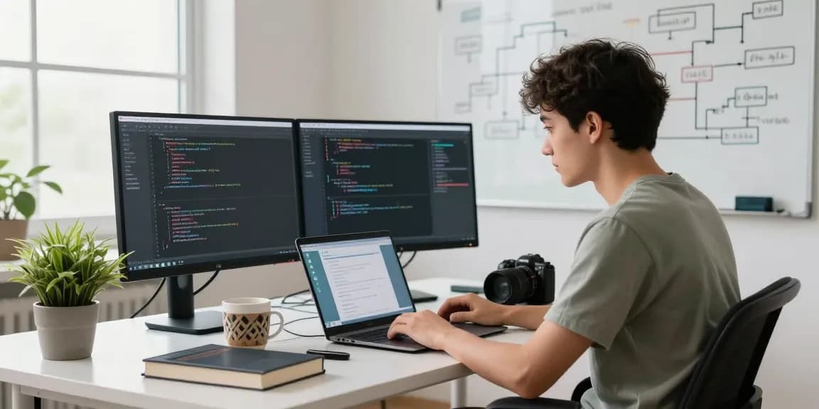 Engaged developer using WhatsApp電腦版 in a modern workspace, showcasing productivity and tech innovation.