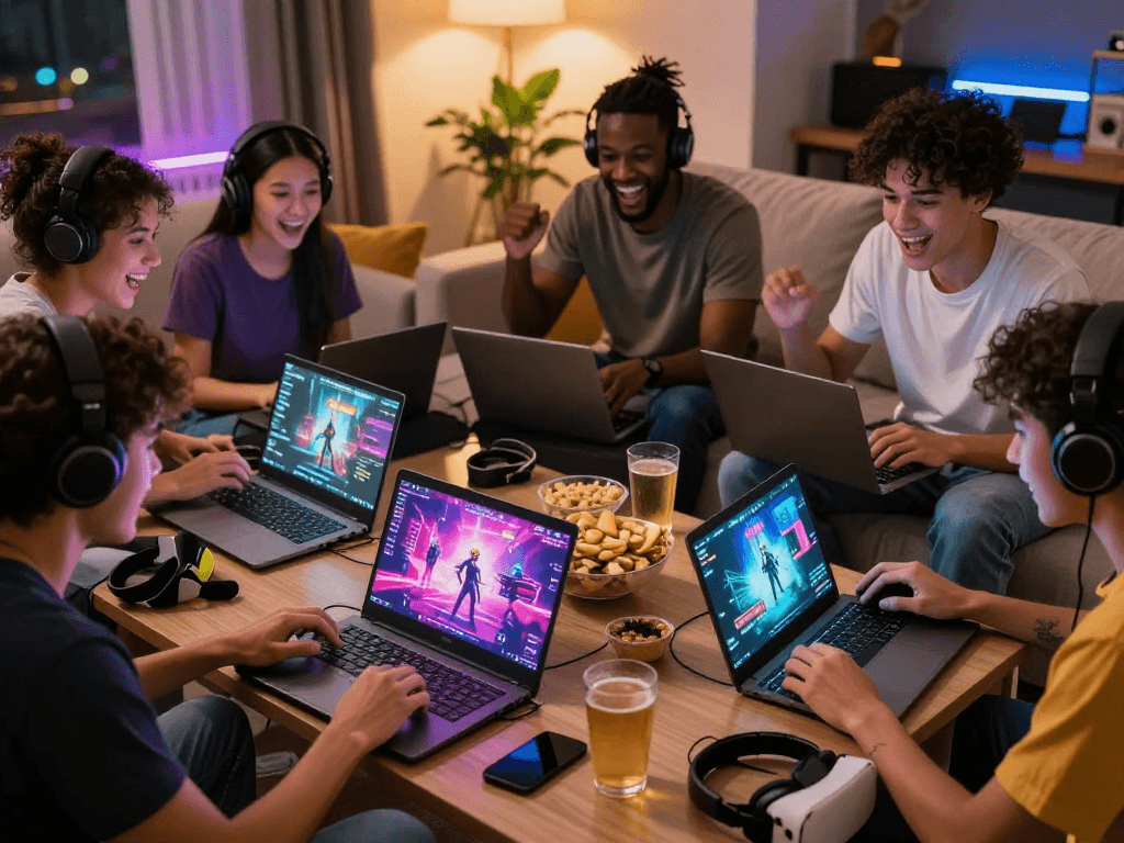 Engaged friends playing porngame online in a cozy living room.