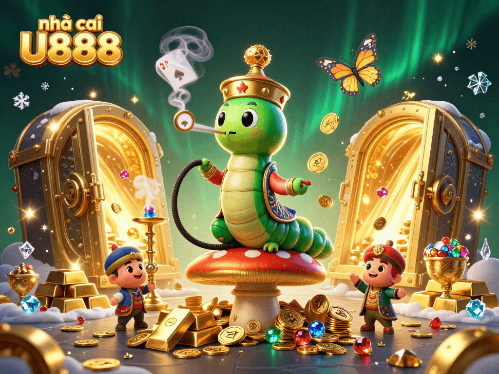 Experience the thrill at nhà cái U888 with vibrant casino illustrations and gold treasures.