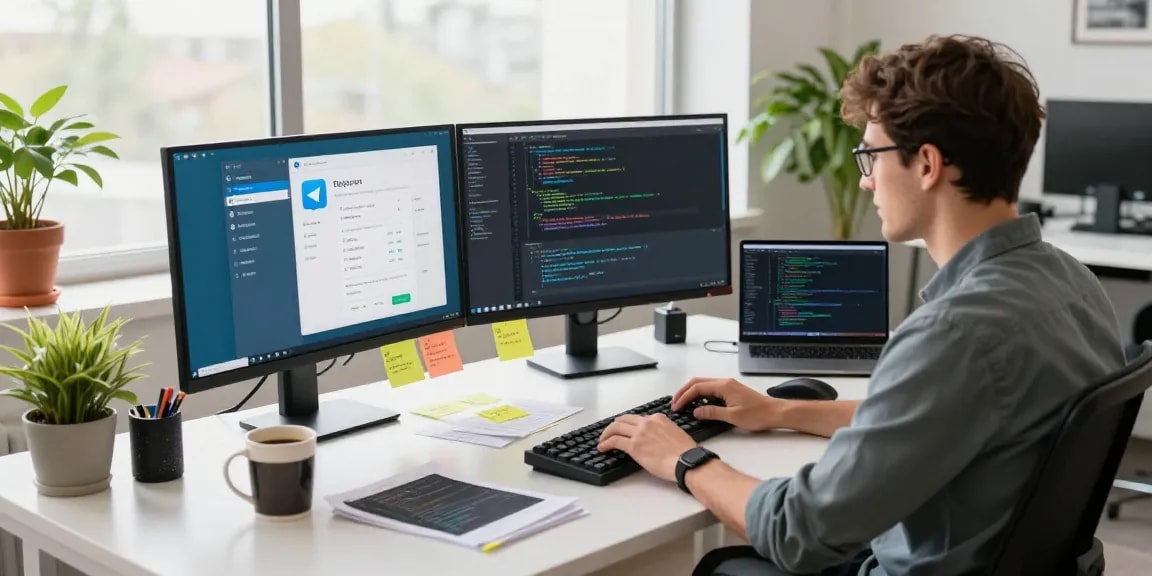 Fast-paced tech workspace showcasing Telegram下载 features on screens, with a developer coding passionately.