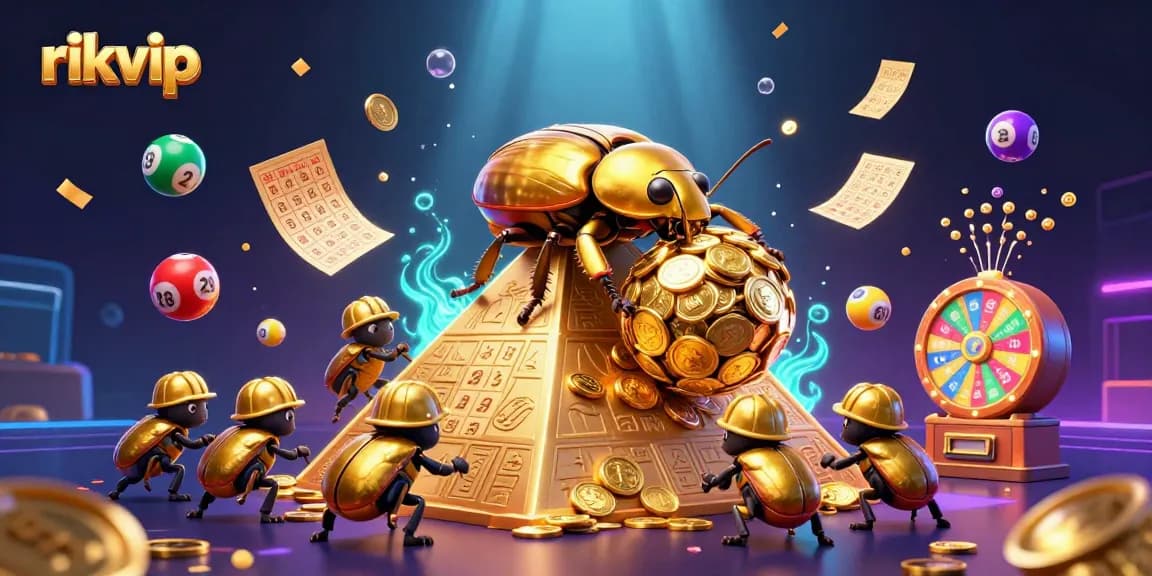 Engage in exciting lottery vibes with rikvip as a golden dung beetle rolls coins up a casino pyramid.