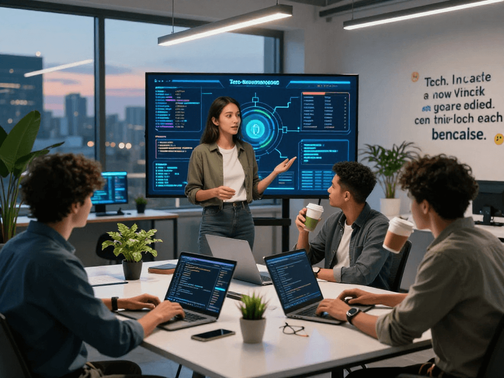 A futuristic Tornado Cash development hub showcasing collaboration between diverse developers in cryptocurrency privacy.