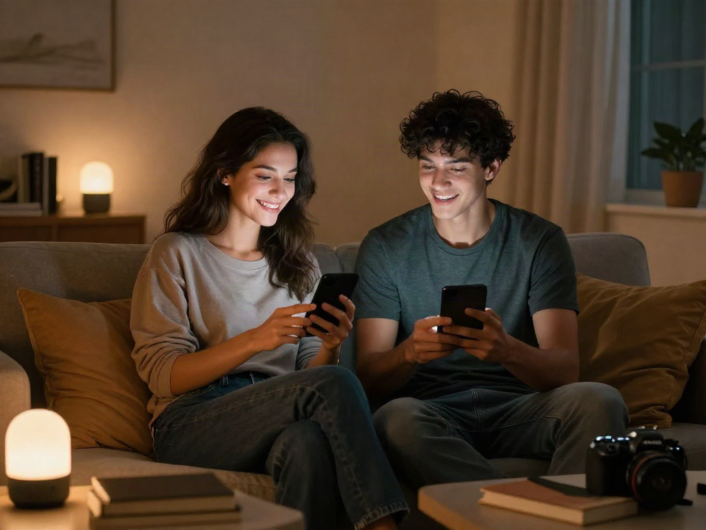 Intimate couple enjoying ai porn chat on digital devices in cozy atmosphere.