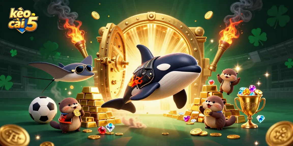 Engage with kèo nhà cái 5 in this vibrant scene depicting an orca whale and friends celebrating sports betting.