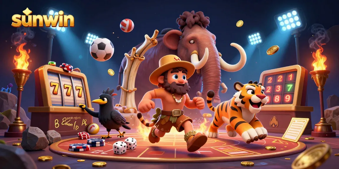 Experience the thrill of slots with sunwin in a vibrant, prehistoric casino scene.