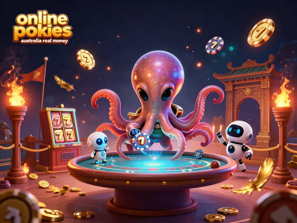 Experience engaging online pokies Australia real money with an exciting 3D scene featuring a vibrant alien octopus and dynamic gambling elements.