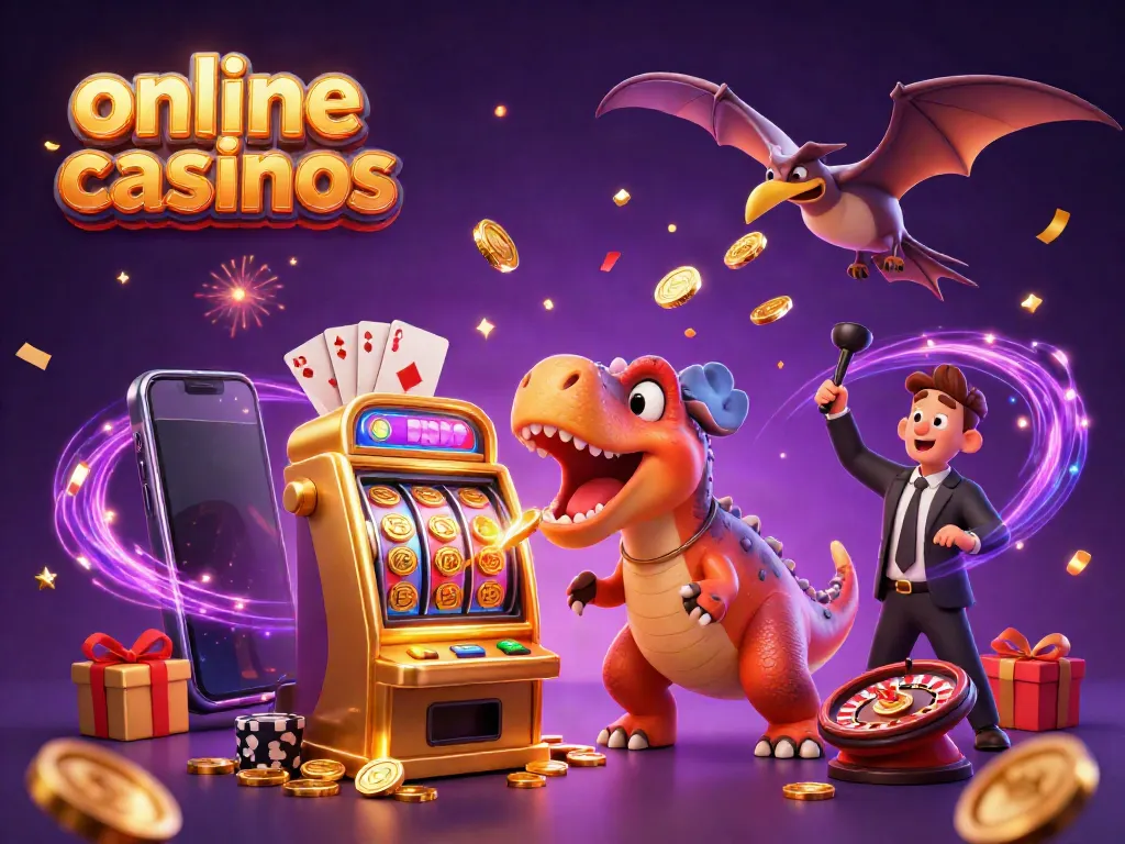 Experience the thrill of online casinos with a cartoon dinosaur celebrating a jackpot win