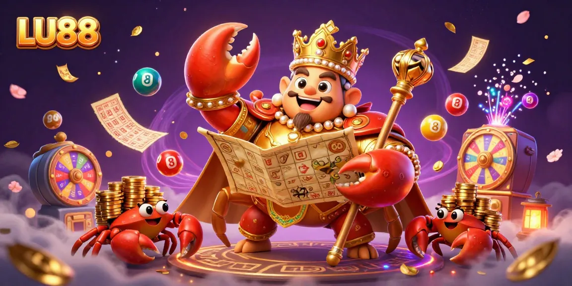LU88 showcases an energetic gambling scene with a golden crab emperor amidst colorful lottery elements.