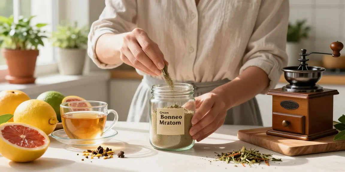 Their green Borneo kratom powder showcased in a bright kitchen with natural herbal ingredients.