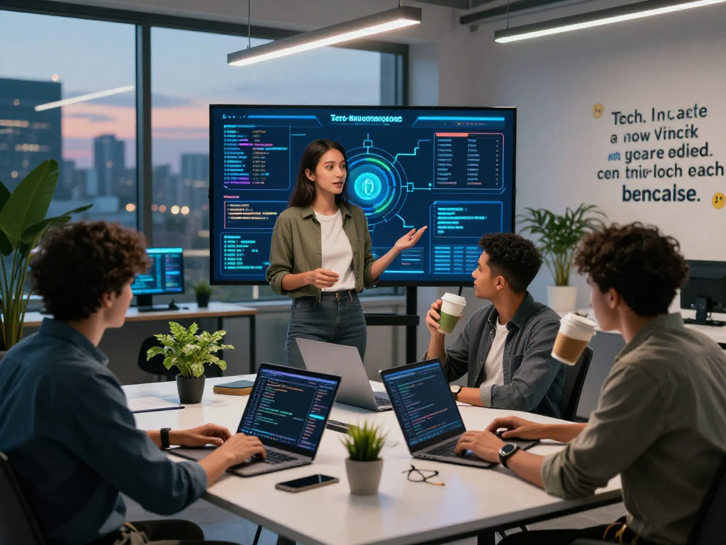 A futuristic Tornado Cash development hub showcasing collaboration between diverse developers in cryptocurrency privacy.