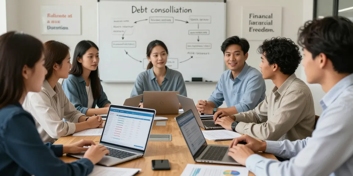 Credit consolidation counseling session with diverse clients discussing financial solutions in a welcoming office environment.