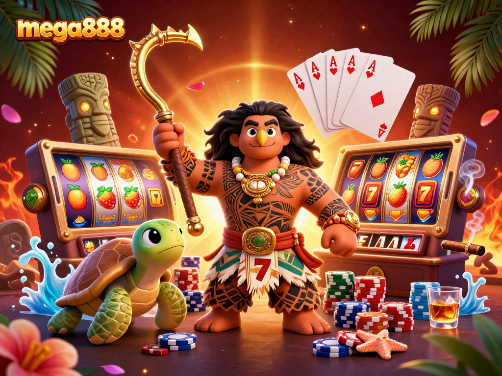 Mega888 menyajikan keseruan bermain slot dengan simbol buah, Jackpot dan permainan menarik di latar belakang.