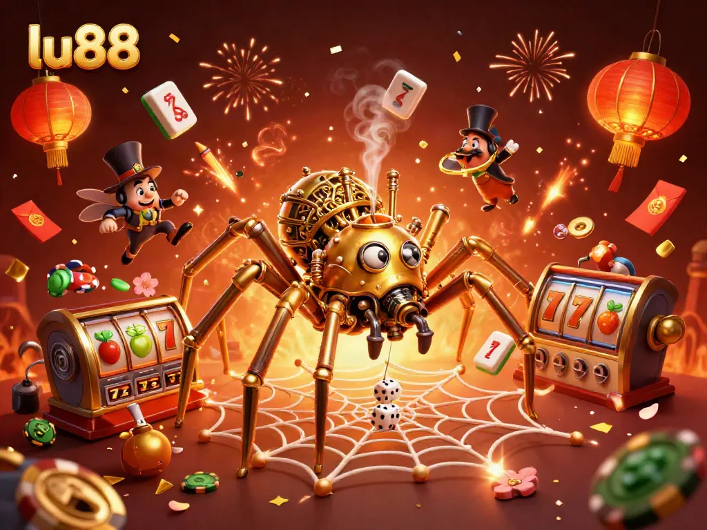 Engage with lu88's vibrant casino universe featuring a steampunk spider amidst dynamic game elements.