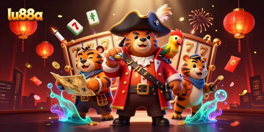 Engage in thrilling adventures with lu88a at an exciting casino scene featuring colorful characters and games