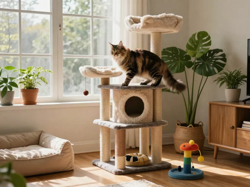 Cat tower cat tree in a sunny living room with a playful Maine Coon cat exploring.