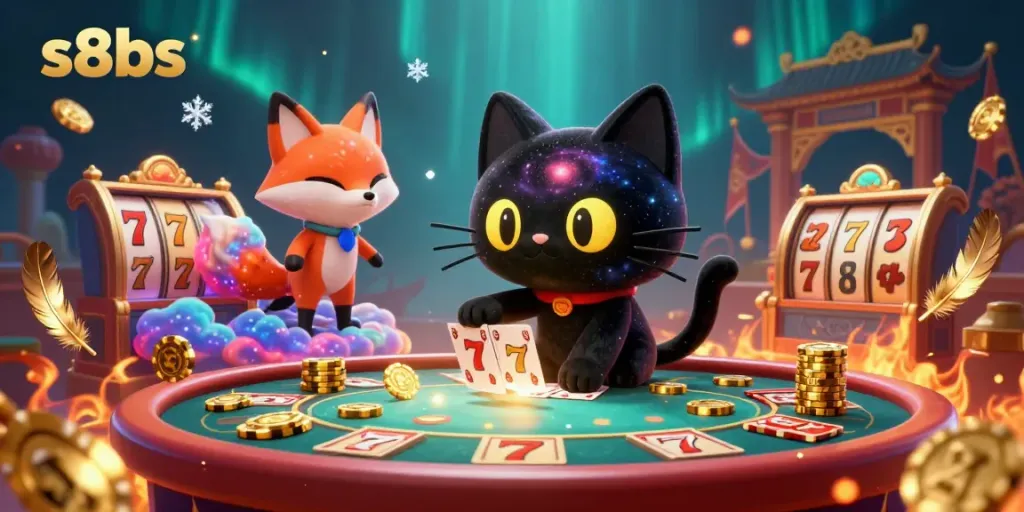 Win big at s8bs with a 3D cosmic casino scene showcasing lucky symbols and vibrant colors.