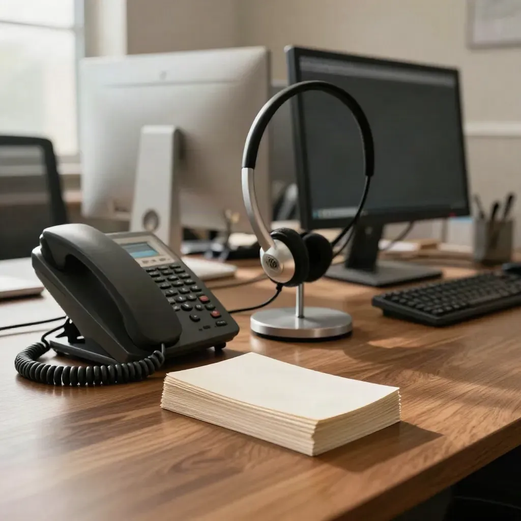 Recruitment sourcing desk with phone, headset stand, blank cards and turned-away monitors.