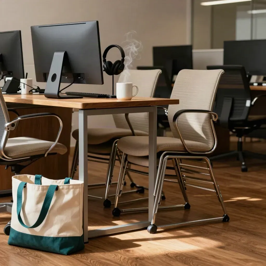 Temporary staffing office setup with chairs, headset, tote bag and a steaming mug