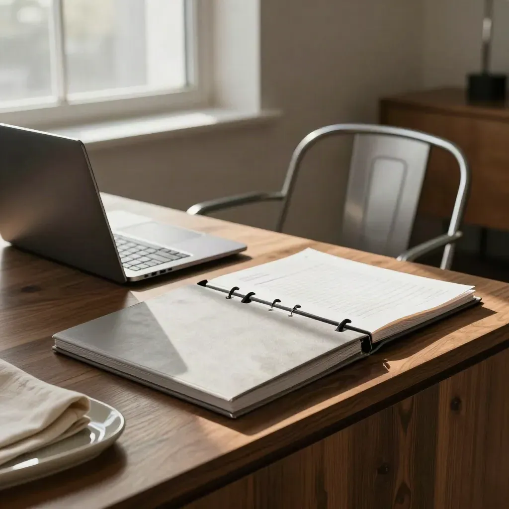 Recruitment lounge still life with closed laptop, binder, chair and folder on a walnut sideboard.