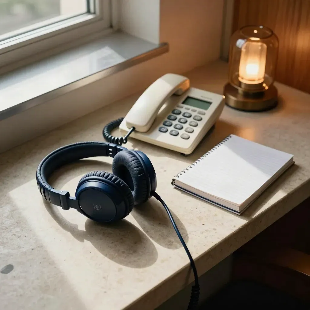 Headset, desk phone, timer and notebook on stone in warm late-afternoon office light.