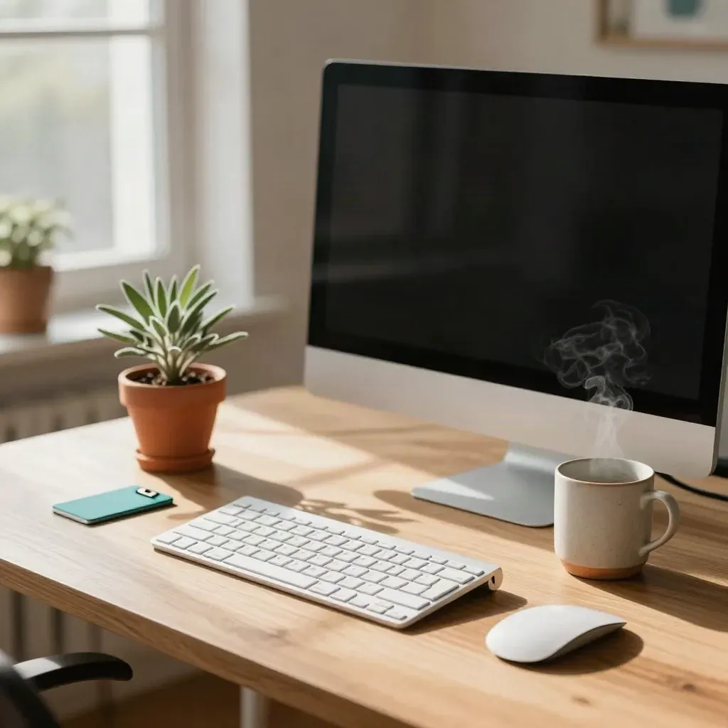 Onboarding workspace with keyboard, monitor, keycard sleeve, mug and small plant in warm morning light.