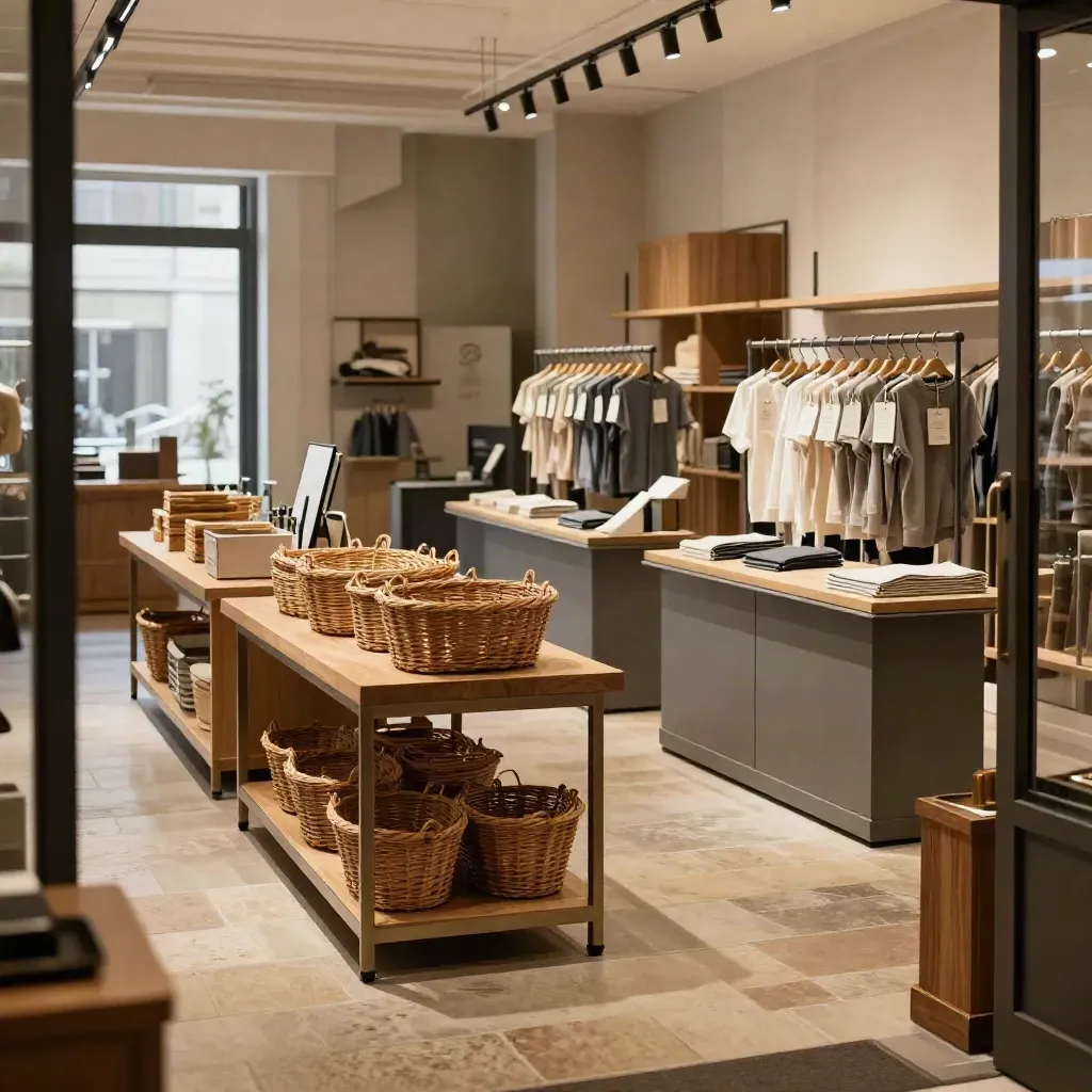 Prepared retail floor with lit tables, baskets, checkout lanes and uniform rails before launch
