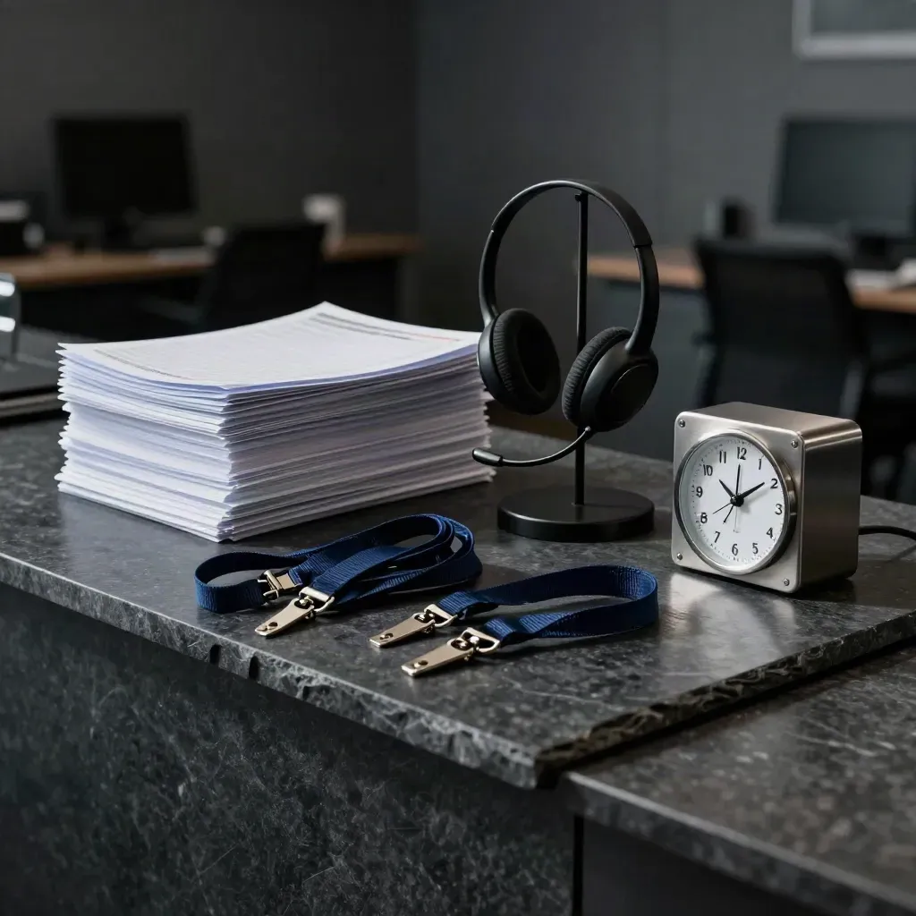Temp staffing desk still life with headset stand, lanyards, shift stack and clock on dark stone.