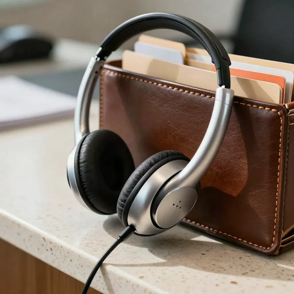 Macro of a recruiter headset, desk handset and folder tabs in a leather tray.