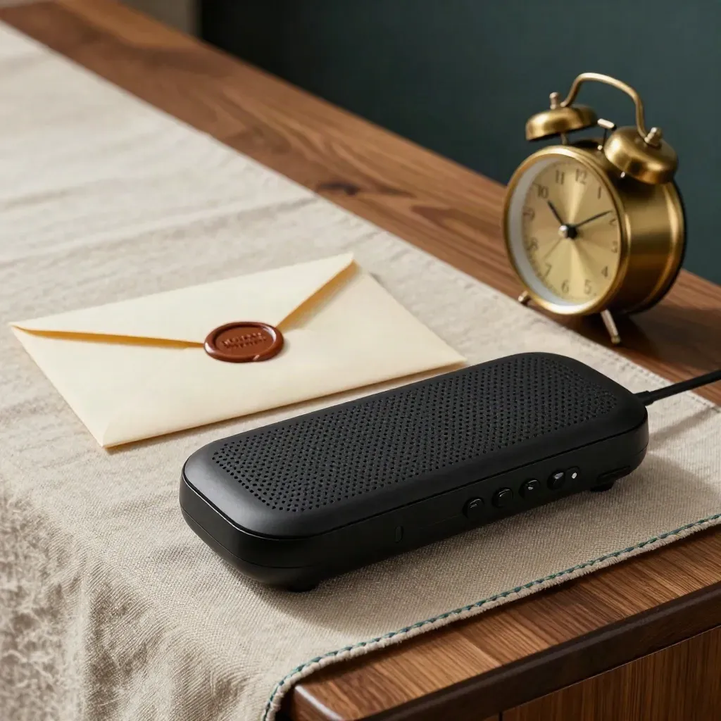 Sealed envelope, black speakerphone and brass clock on linen in a quiet office close-up.