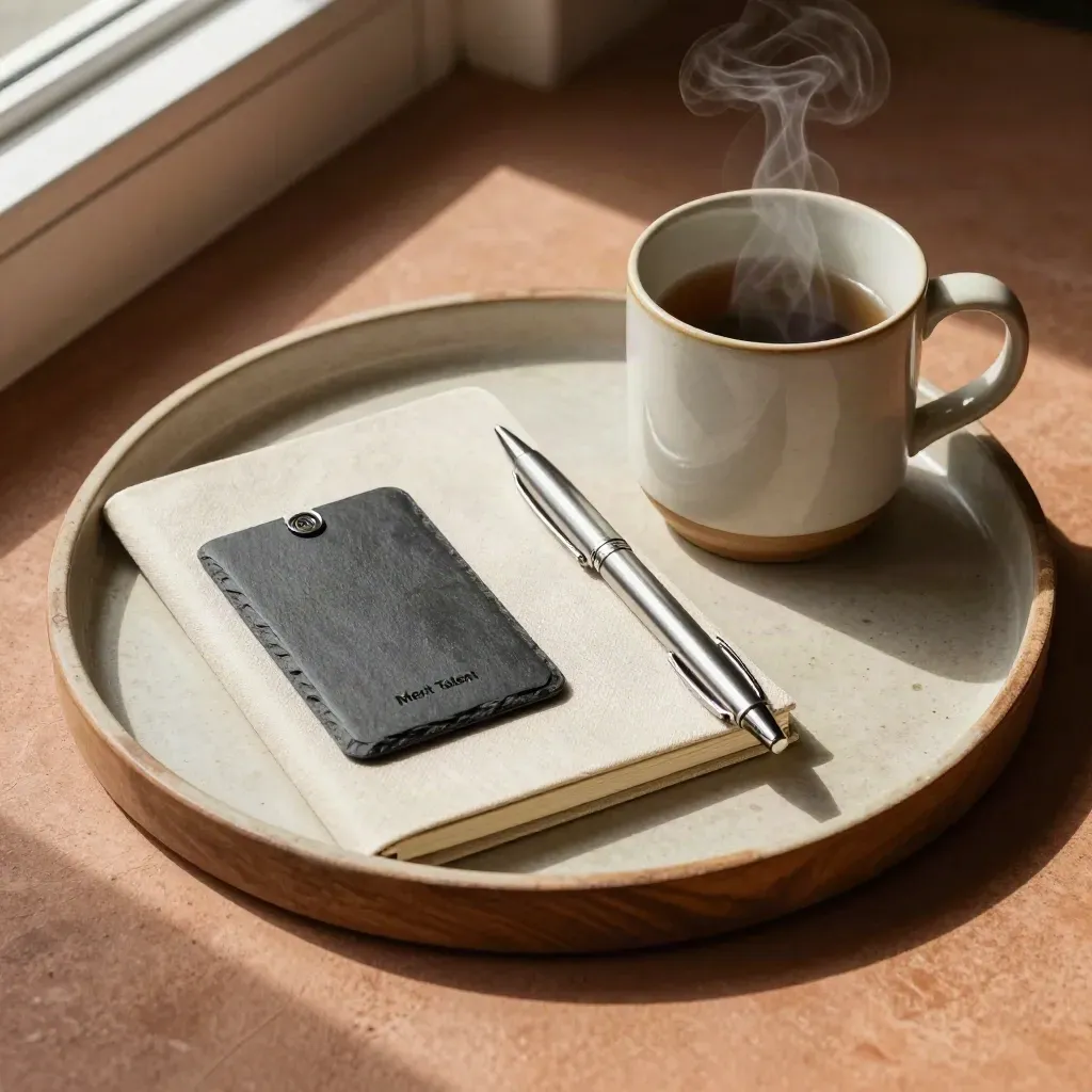 Overhead welcome tray with a steaming mug, slate keycard sleeve, notebook and pen on terracotta plaster.