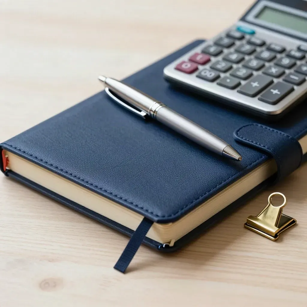 Top-down navy notebook, calculator, pen and brass clip on pale wood in a recruitment role-brief kit