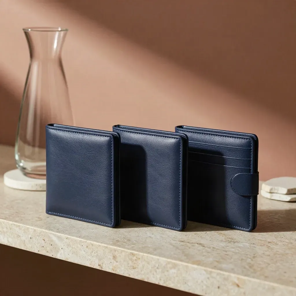 Three navy presentation wallets beside a glass carafe and stacked coasters on a stone shelf