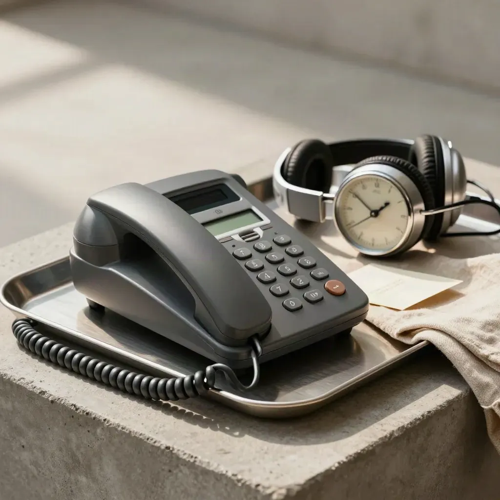 Desk phone, headset cradle and timer on brushed metal tray, lit warmly on a pale concrete plinth.