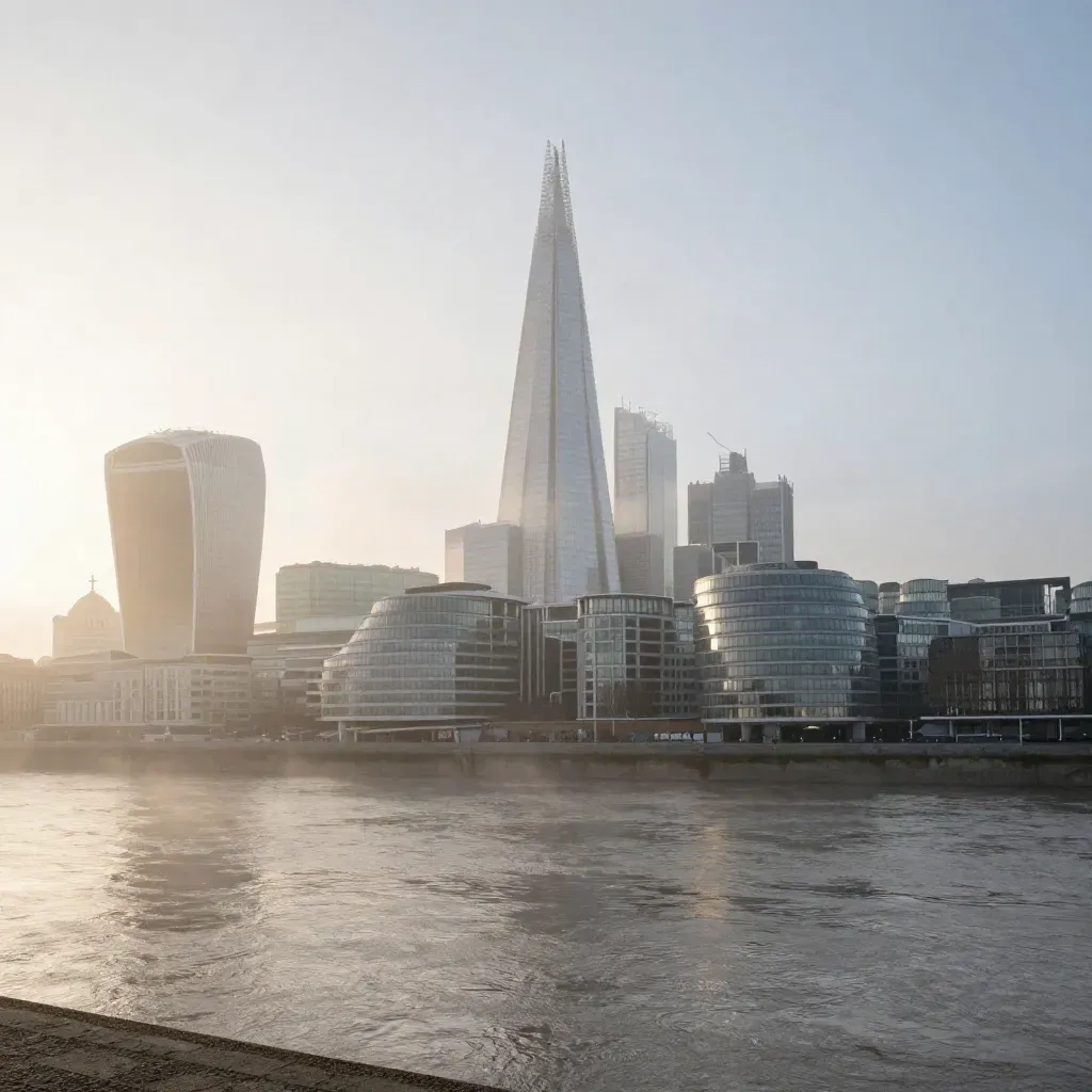 London skyline at dawn with the Shard above the misty Thames
