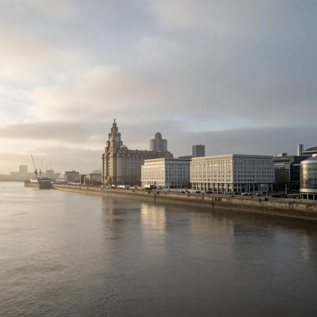 Liverpool waterfront and Mersey under low mist, skyline high, open calm water below.