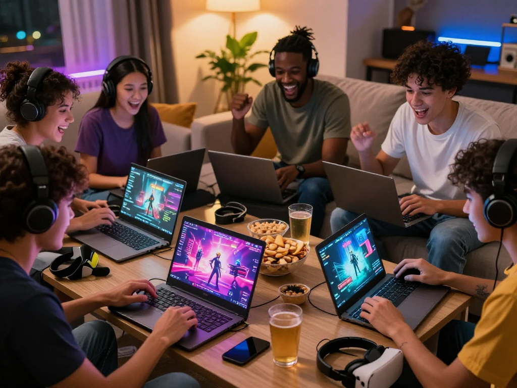 Engaged friends playing porngame online in a cozy living room.