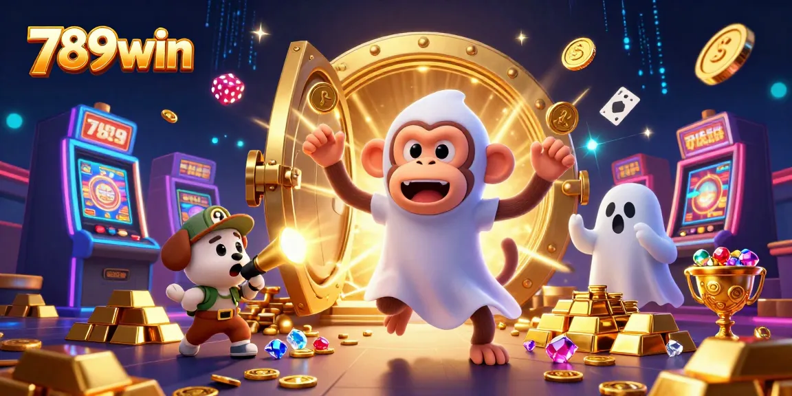 Exciting casino scene showcasing 789win with a playful monkey and curious puppy amidst gold treasures and slot machines.