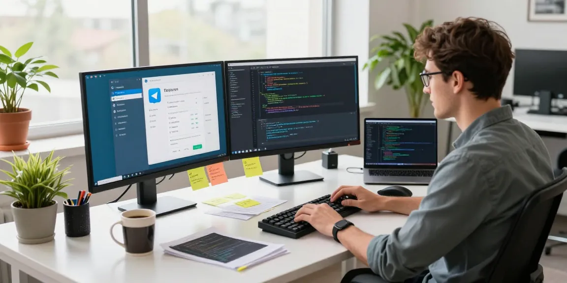 Fast-paced tech workspace showcasing Telegram下载 features on screens, with a developer coding passionately.