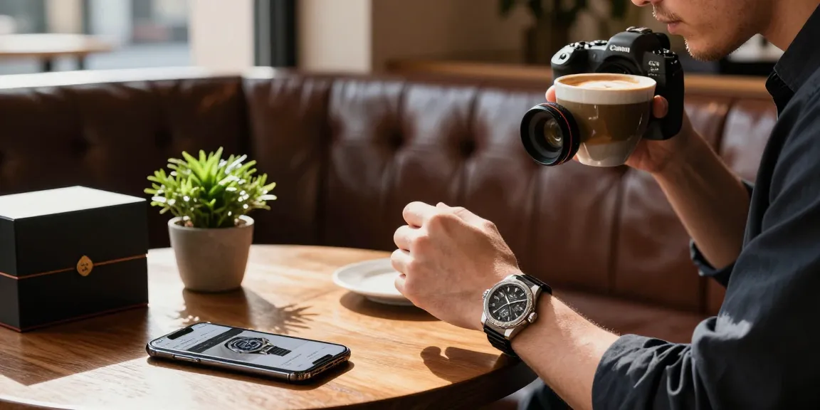 Examining a luxurious clone watch in an upscale cafe setting, with warm light highlighting the elegant design.