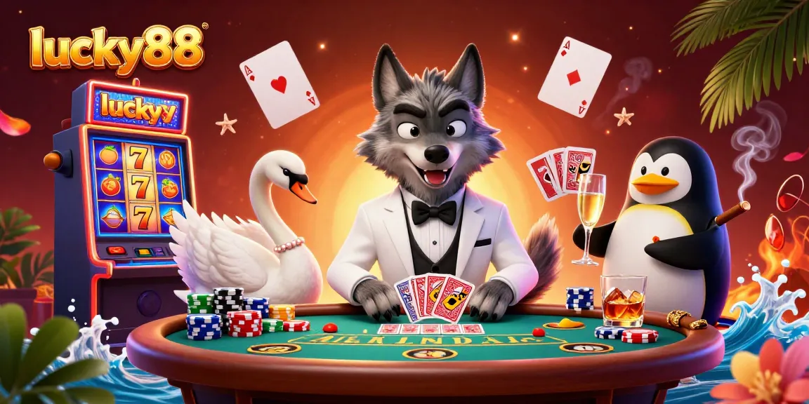 Experience lucky88 excitement with a debonair wolf, elegant swan, and champagne-pouring penguin.