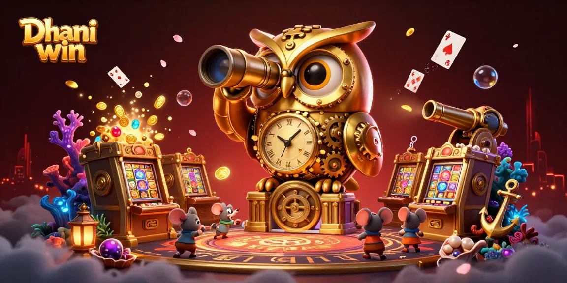 Dive into the excitement at Dhani win, where playful characters enjoy vibrant casino games surrounded by treasure.