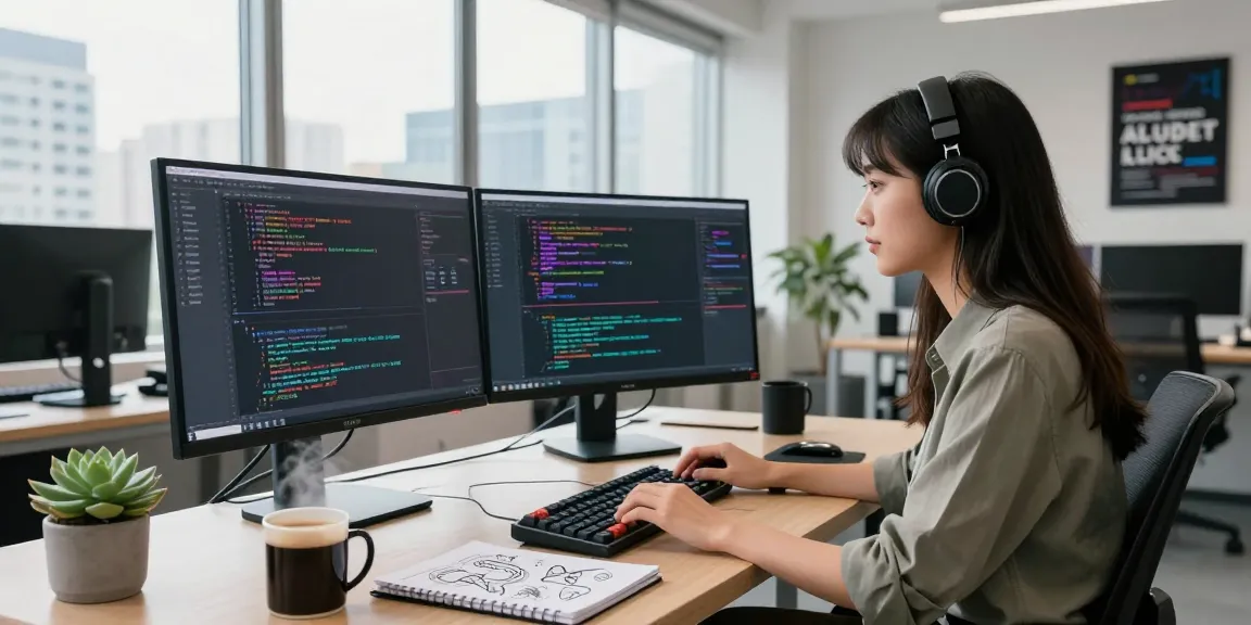 Developer coding with generative AI in a modern workspace, surrounded by vibrant screens and tech props.