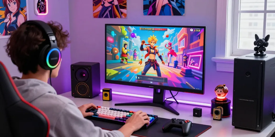 Engaged player exploring a thrilling hentai game on a vibrant gaming setup with anime decor.