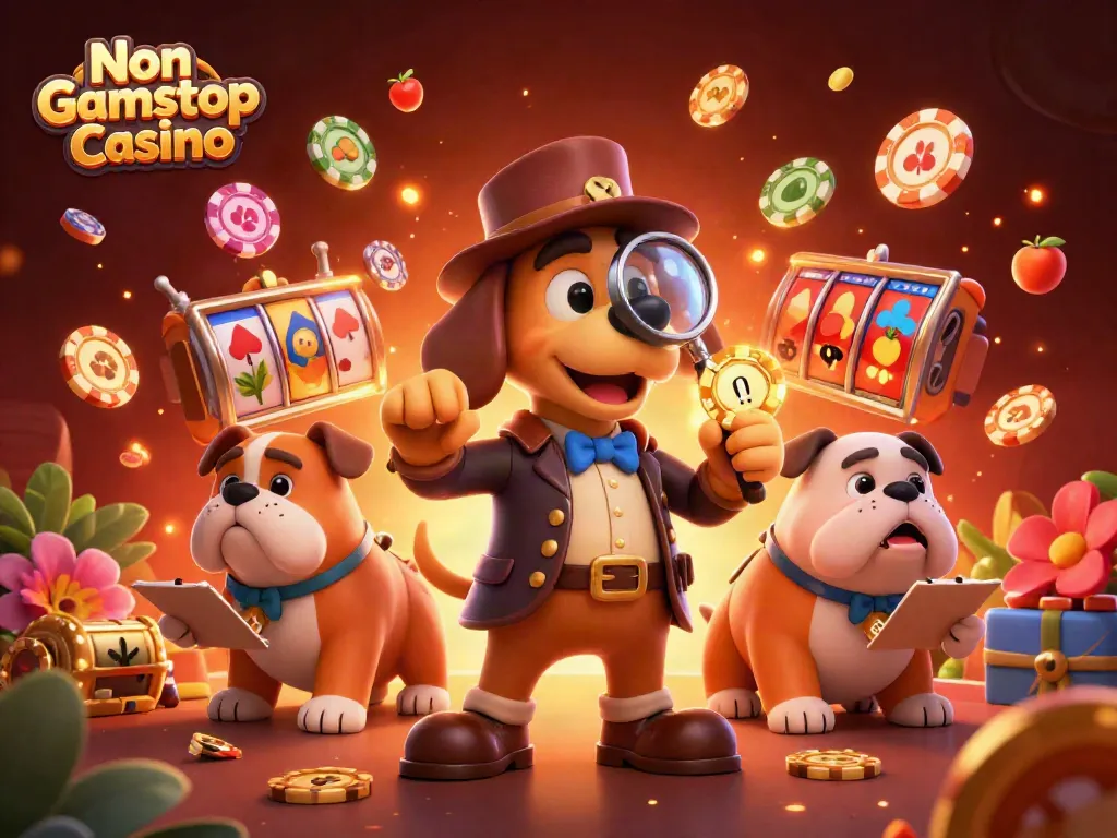 Experience excitement at Non Gamstop Casino with a detective exploring golden poker chips and jackpot treasures.