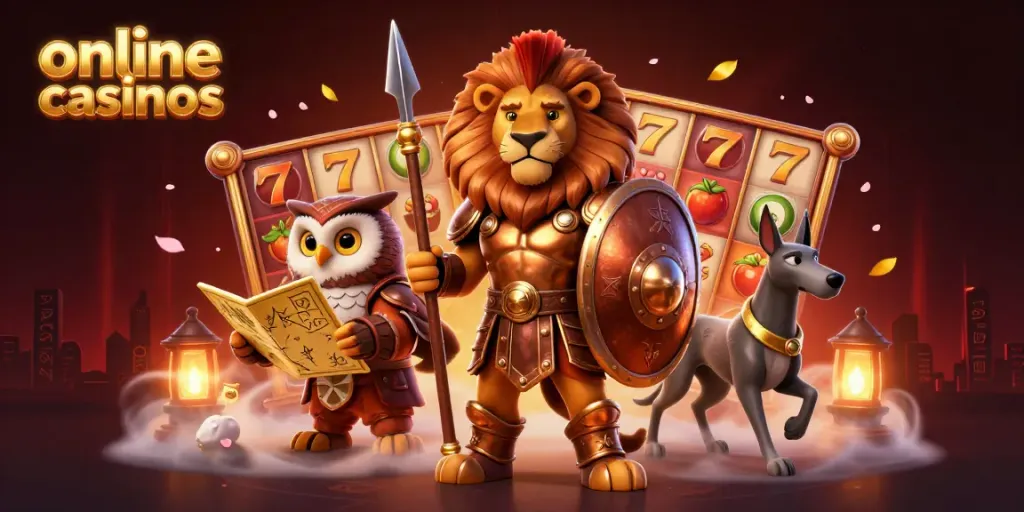 Experience online casinos with a heroic Spartan lion, tactical owl, and swift greyhound amidst vibrant slot game elements.