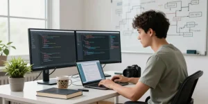 Engaged developer using WhatsApp電腦版 in a modern workspace, showcasing productivity and tech innovation.