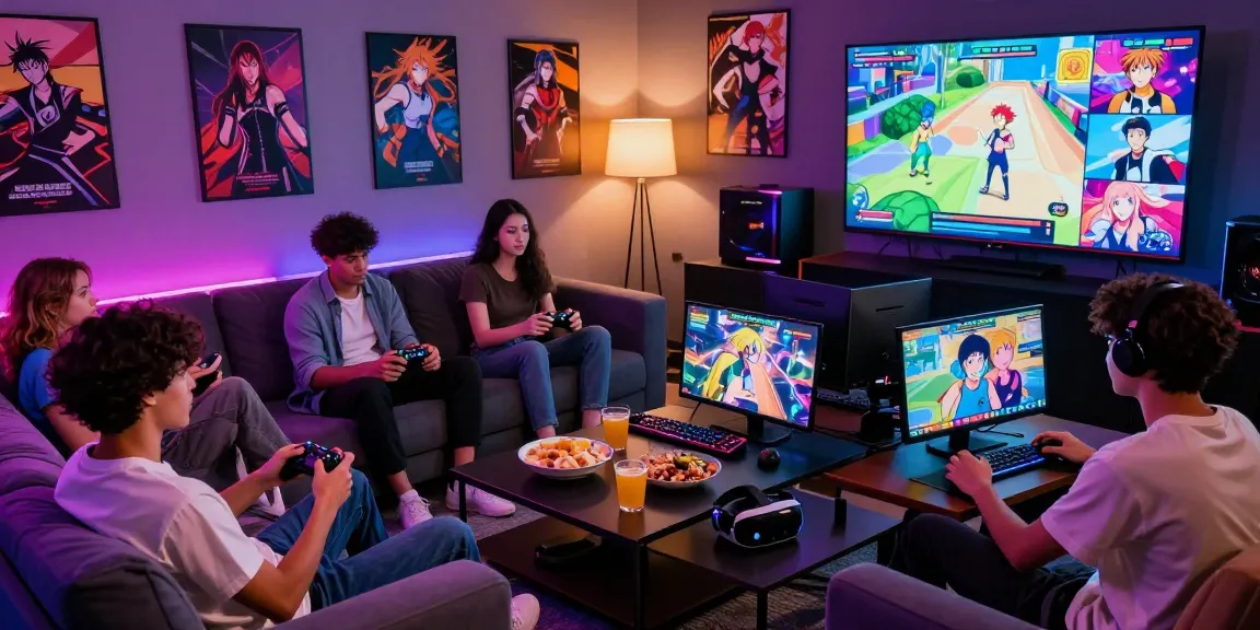 Exciting gaming scene featuring friends enjoying ecchi games in a stylish lounge