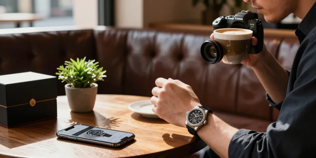 Examining a luxurious clone watch in an upscale cafe setting, with warm light highlighting the elegant design.