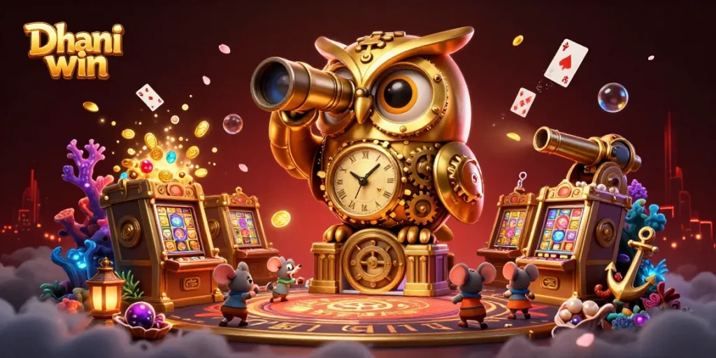 Dive into the excitement at Dhani win, where playful characters enjoy vibrant casino games surrounded by treasure.